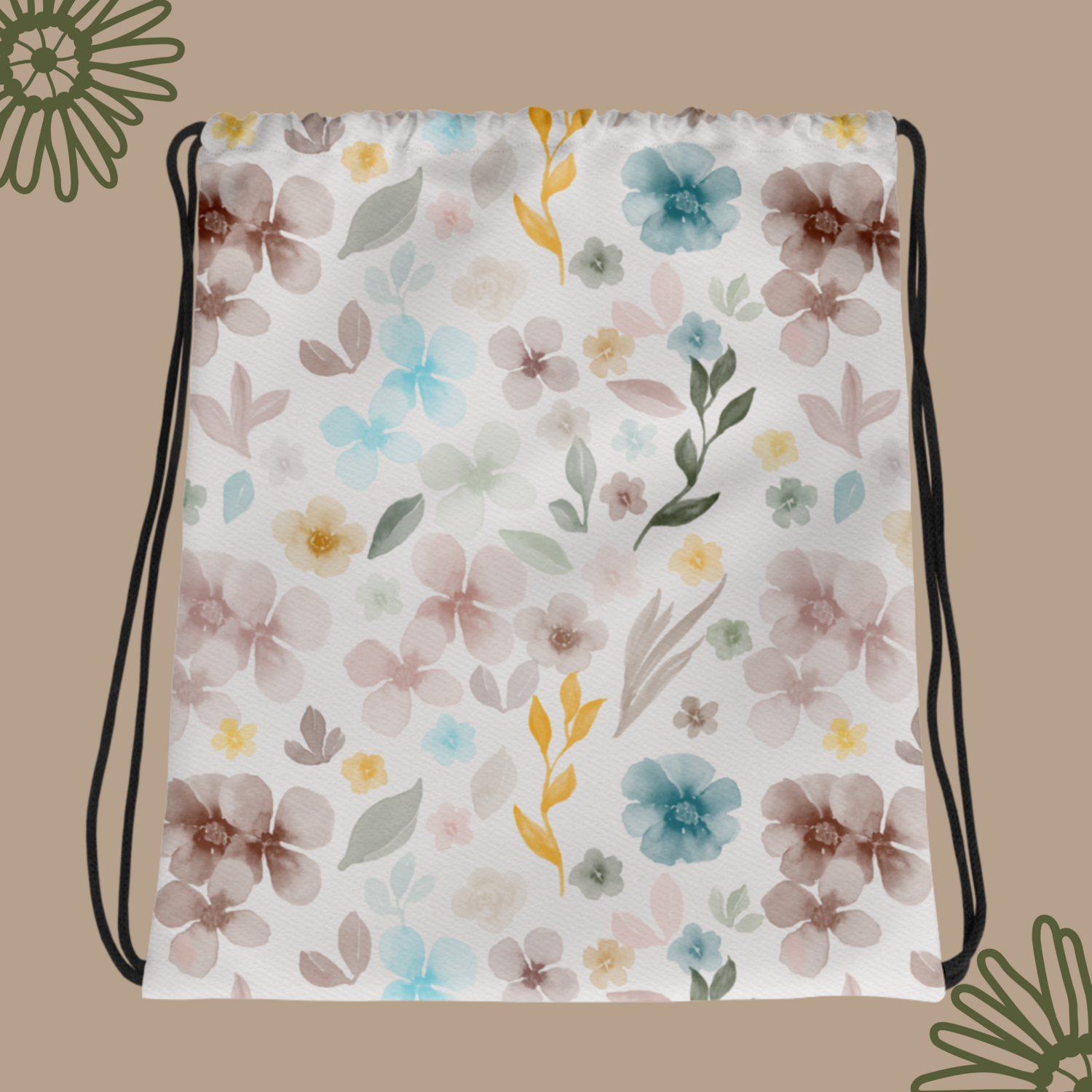 Boho Watercolor Florals Drawstring bag