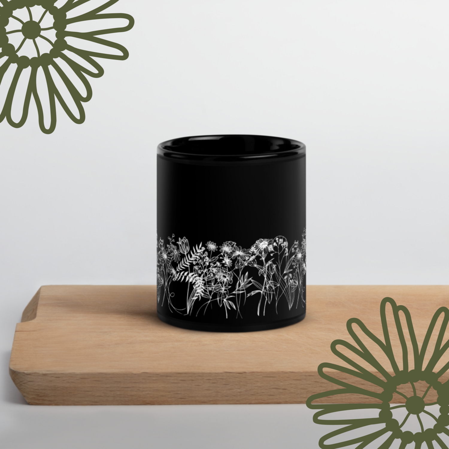 White Meadow Flowers Black Glossy Mug