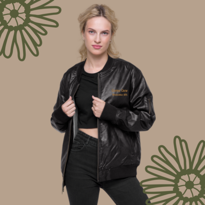Coffee Crew Embroidered Faux Leather Bomber Jacket