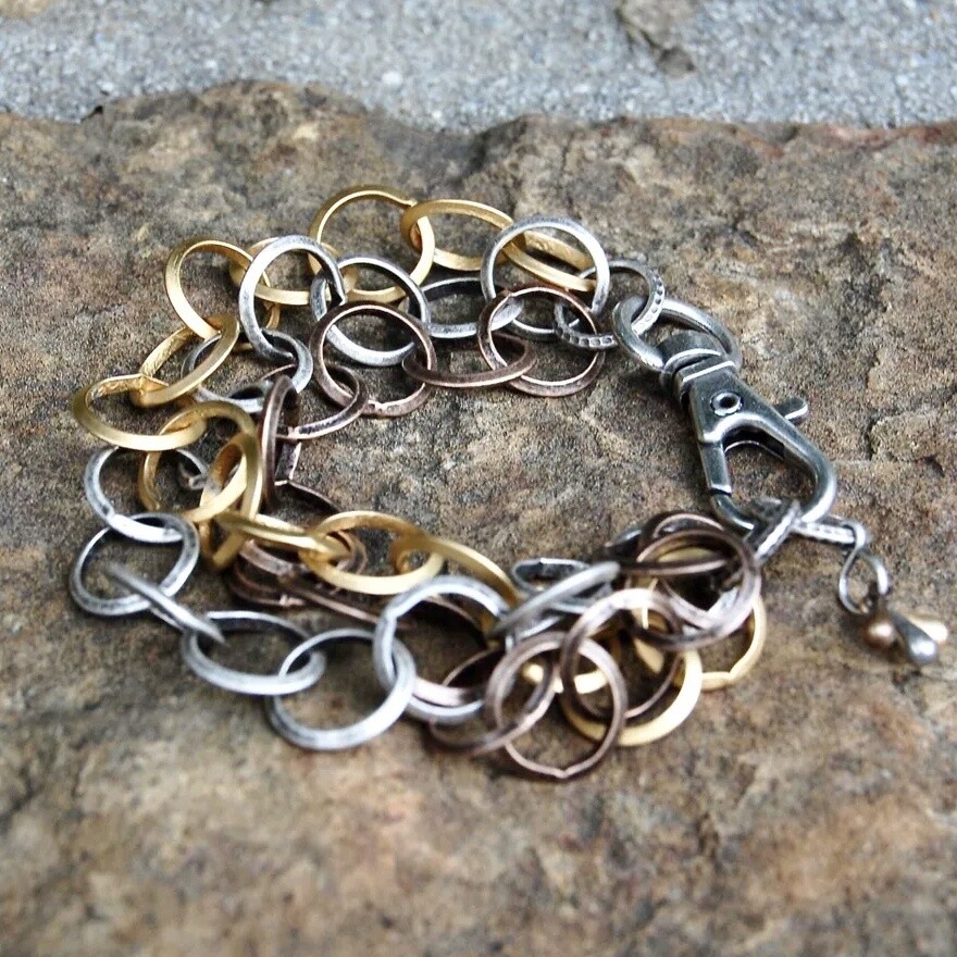 Triple Strand Pewter, Bronze &amp; Gold Chain Bracelet