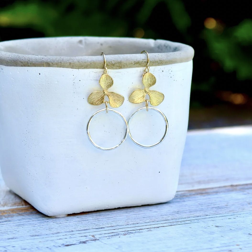 Textured Gold Flower &amp; Hammered Silver Hoop Earrings