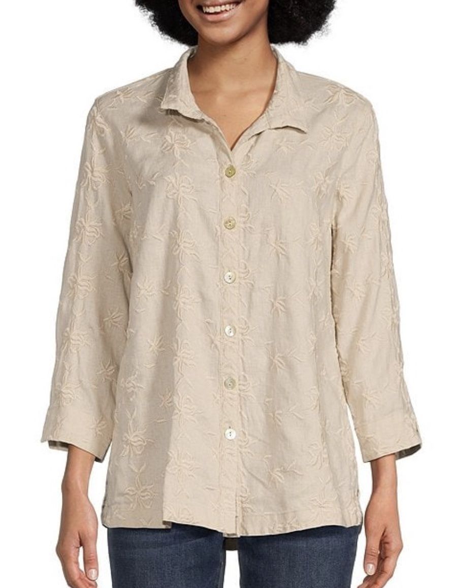 Floral Embroidered Linen Button Front Blouse
