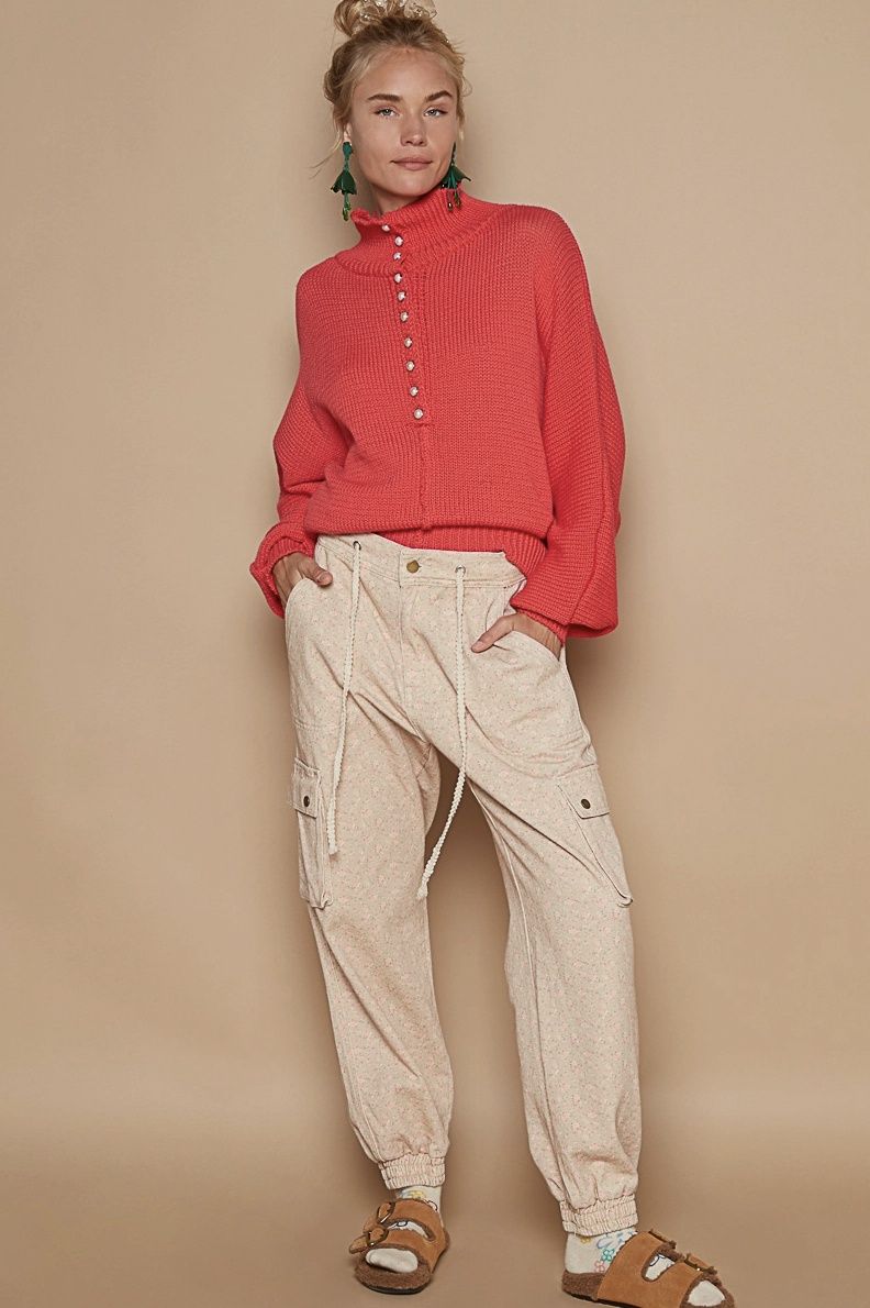 Dolman Sleeve Neck Pearl Button Sweater
