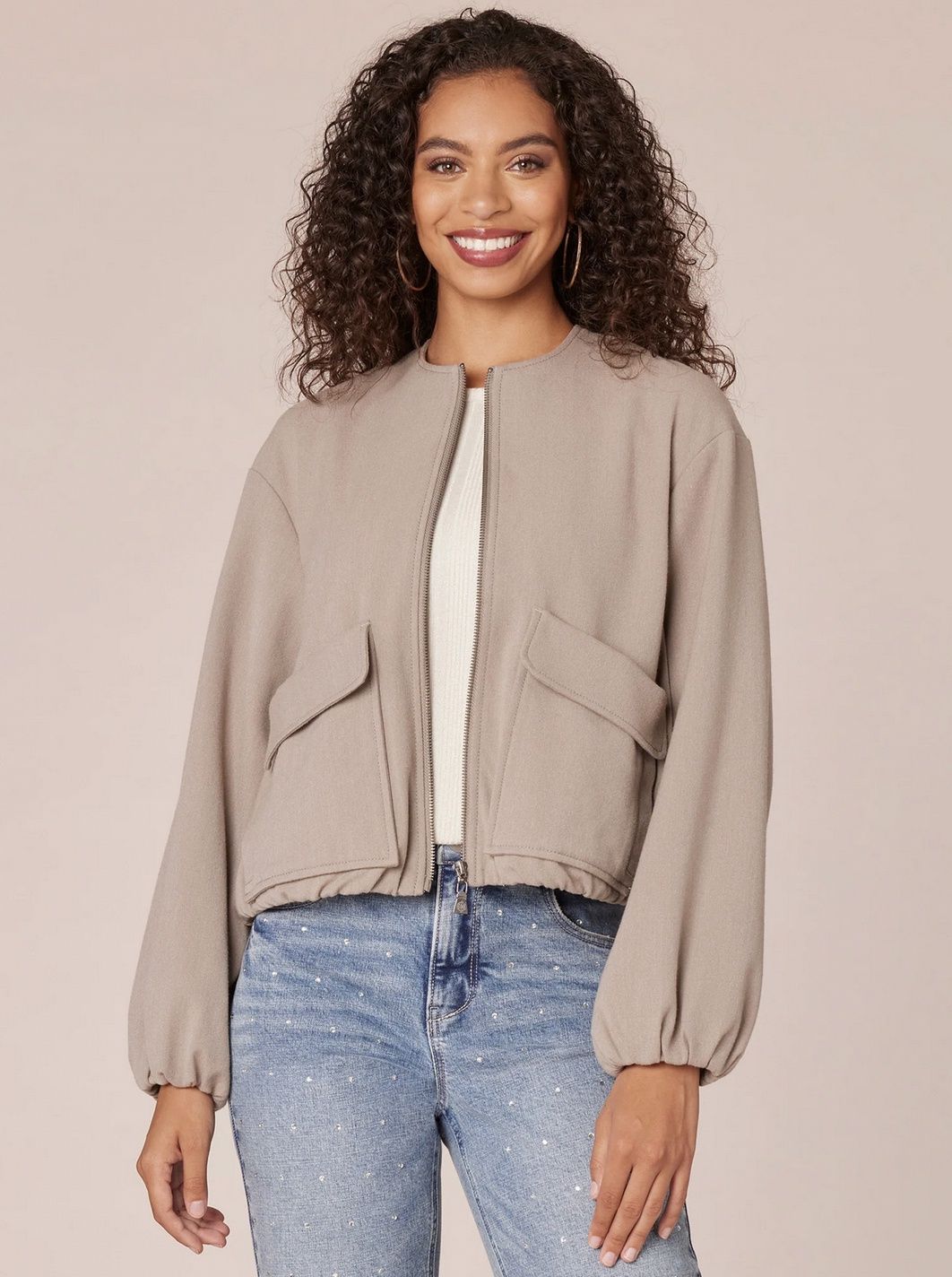 Cropped Bomber Jacket with Dual Entry Pockets