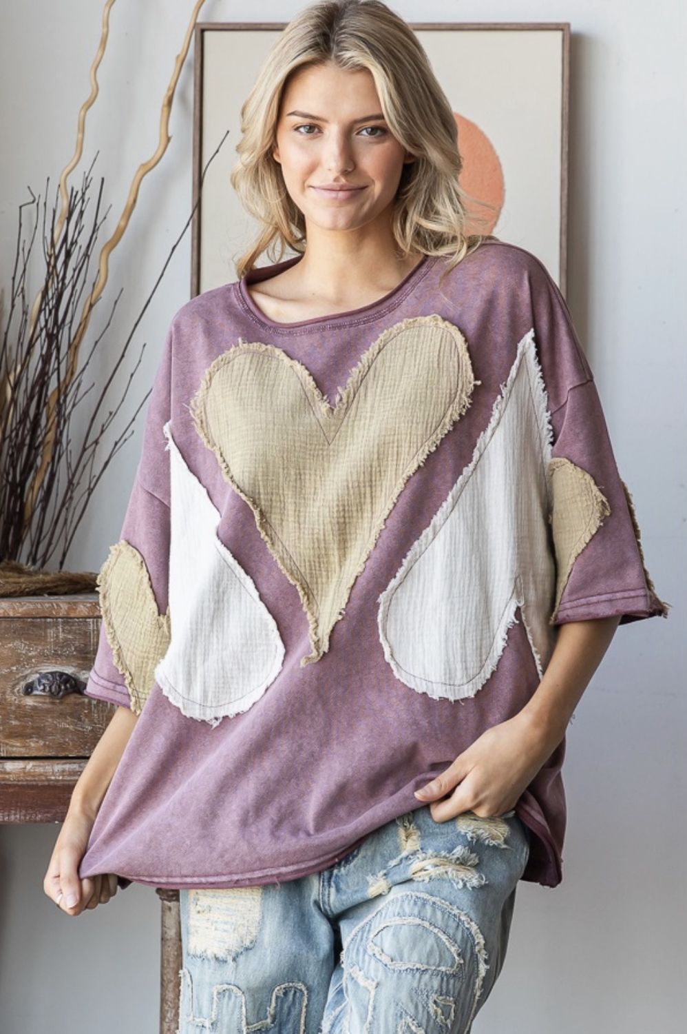Washed Heart Patchwork Short Sleeve Oversize Tee