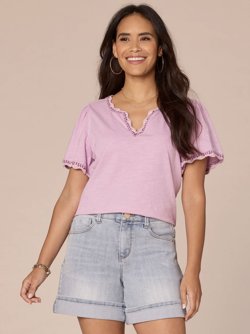 Scallop Crochet Split V-Neck Top