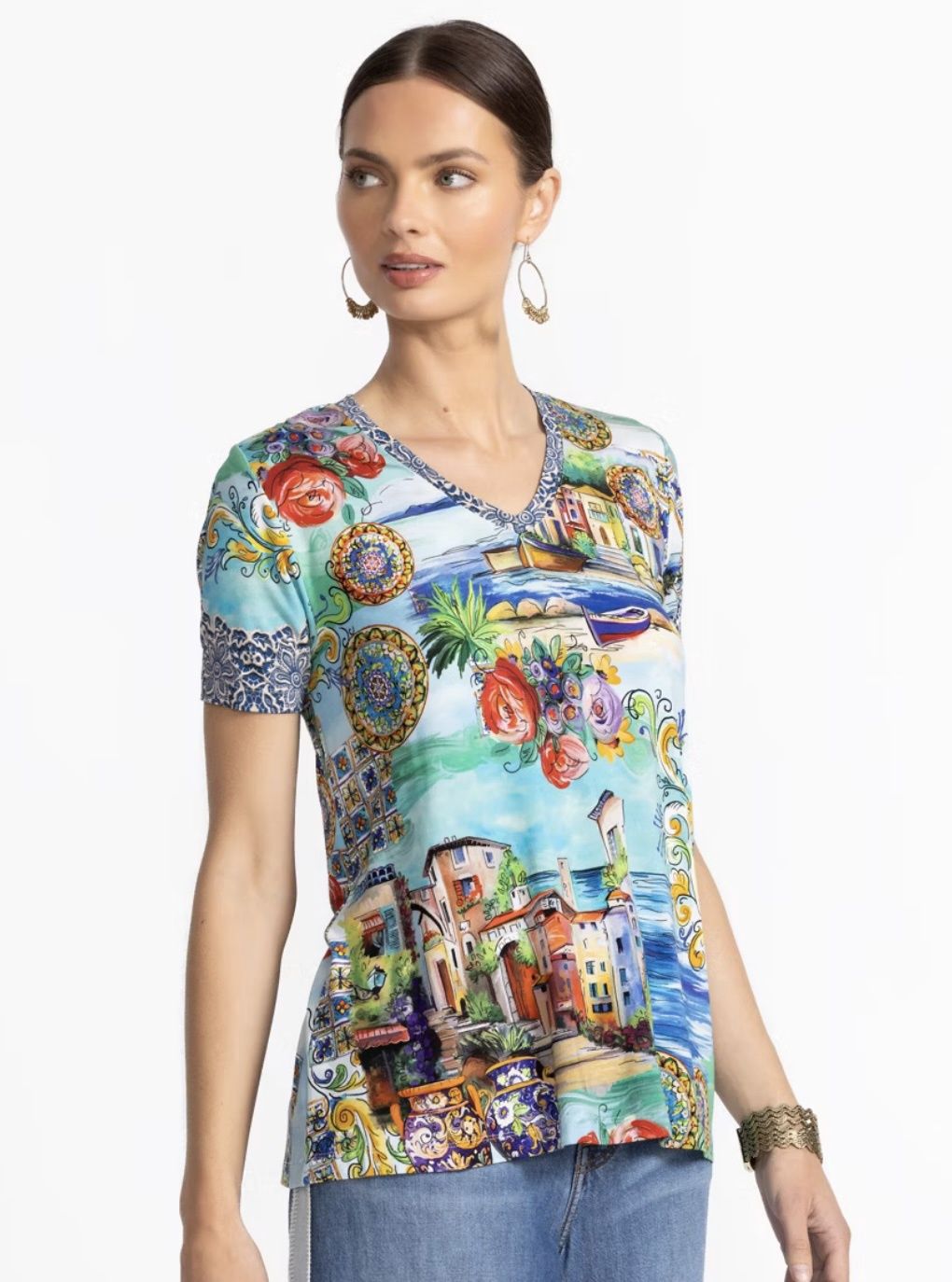 Janie Favorite Short Sleeve V-Neck Swing Tee - Christy