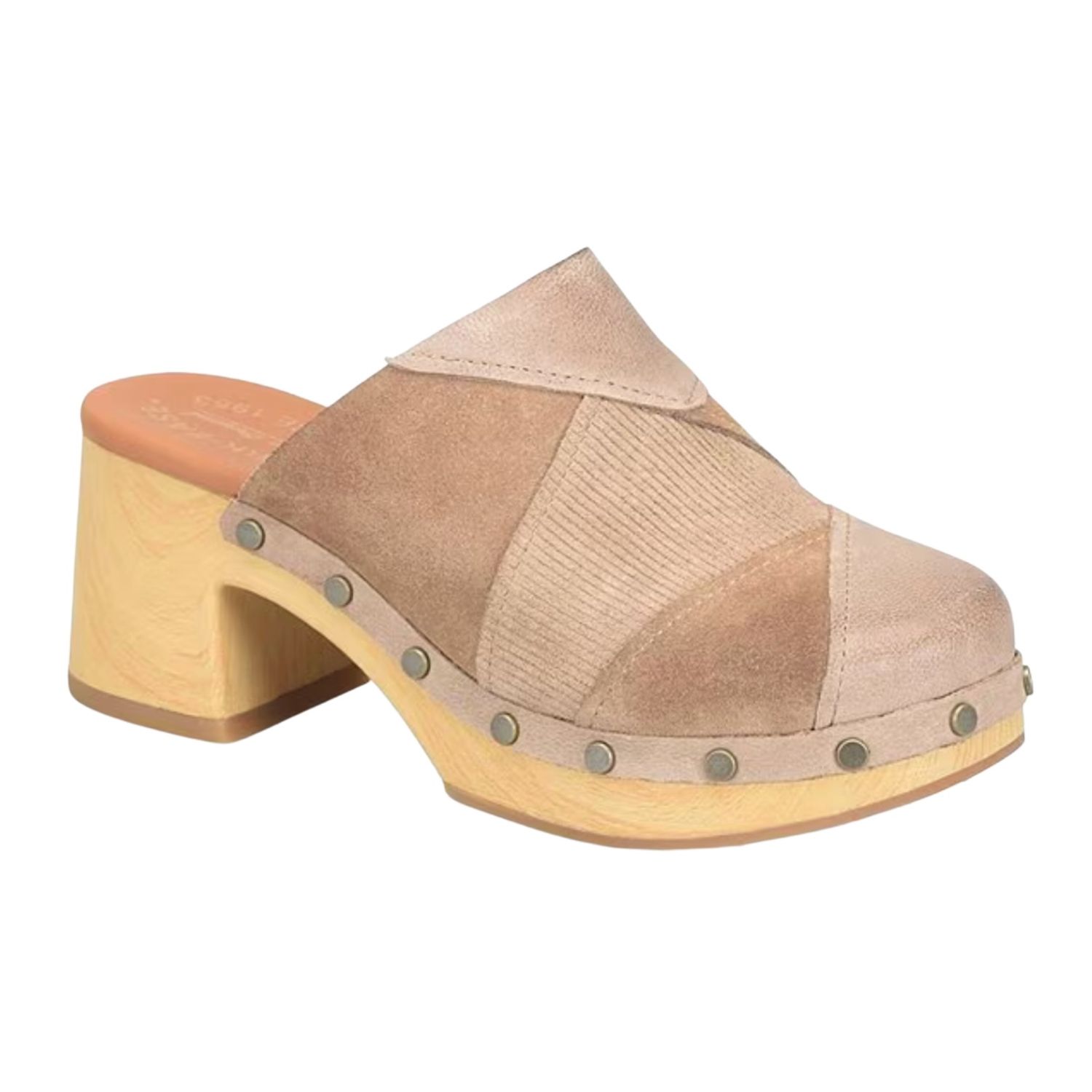Tay Suede and Leather Studded Patchwork Block Heel Clogs