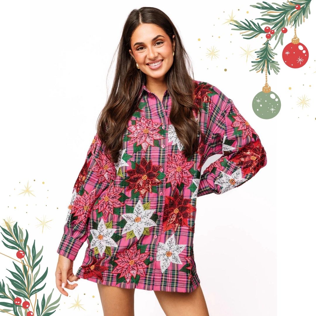 Pink Plaid Poinsettia Long Sleeve Dress
