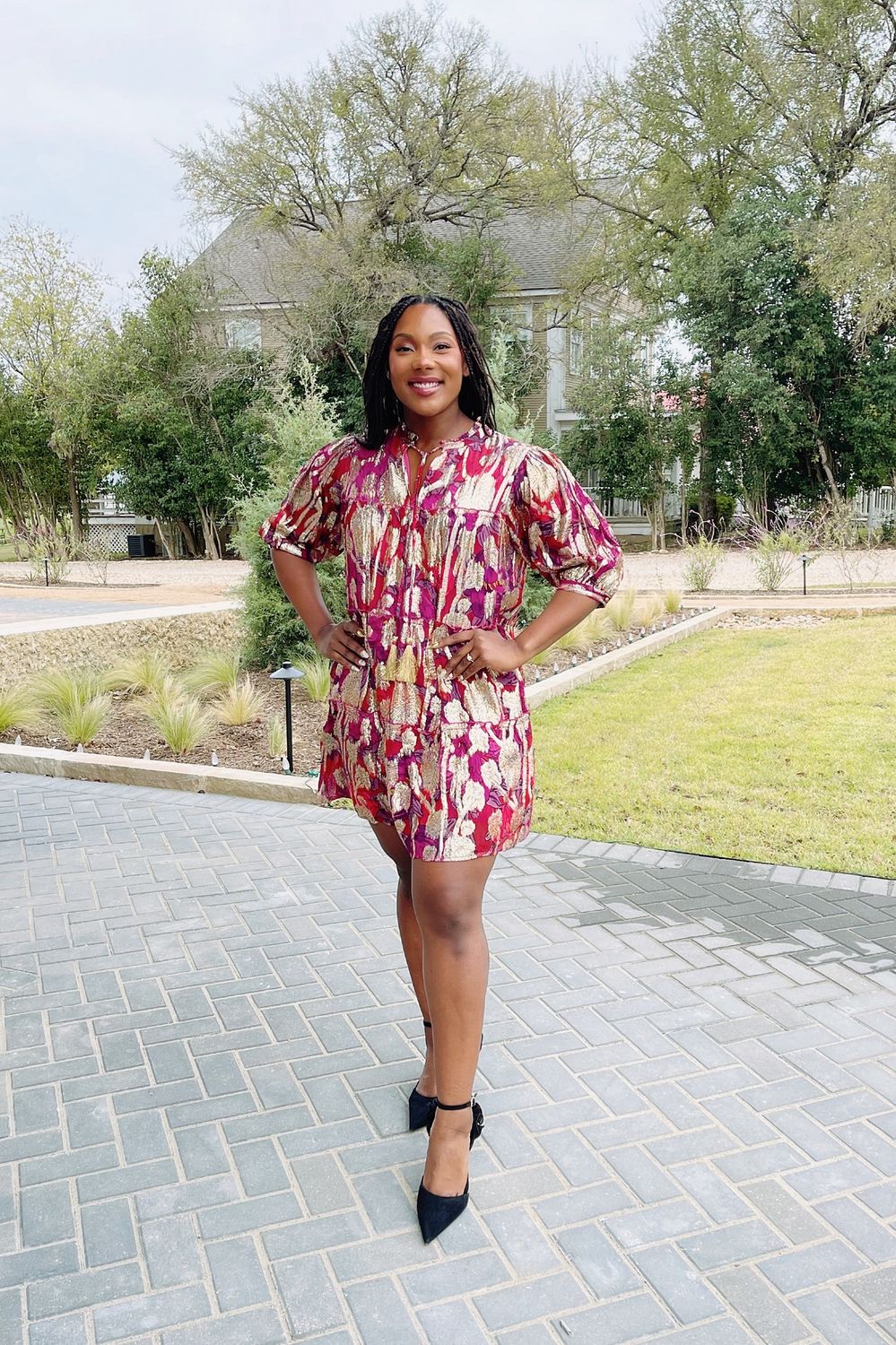 Metallic Print Tiered Dress