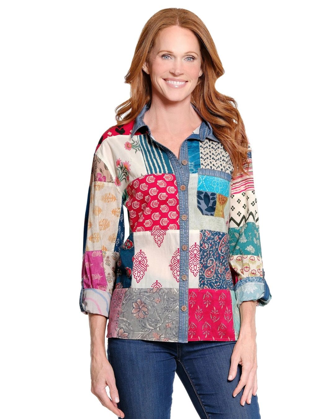 Multi-Print Patchwork Button-Front Top