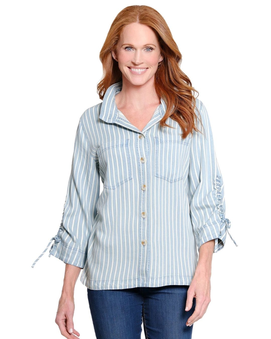 Button-Front Wire-Collar Blouse with Cinch Sleeves