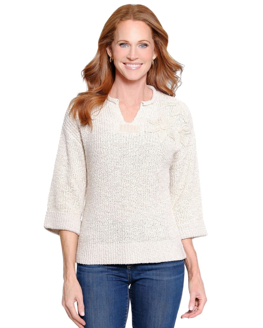 Appliqué Elbow-Sleeve Pullover Sweater