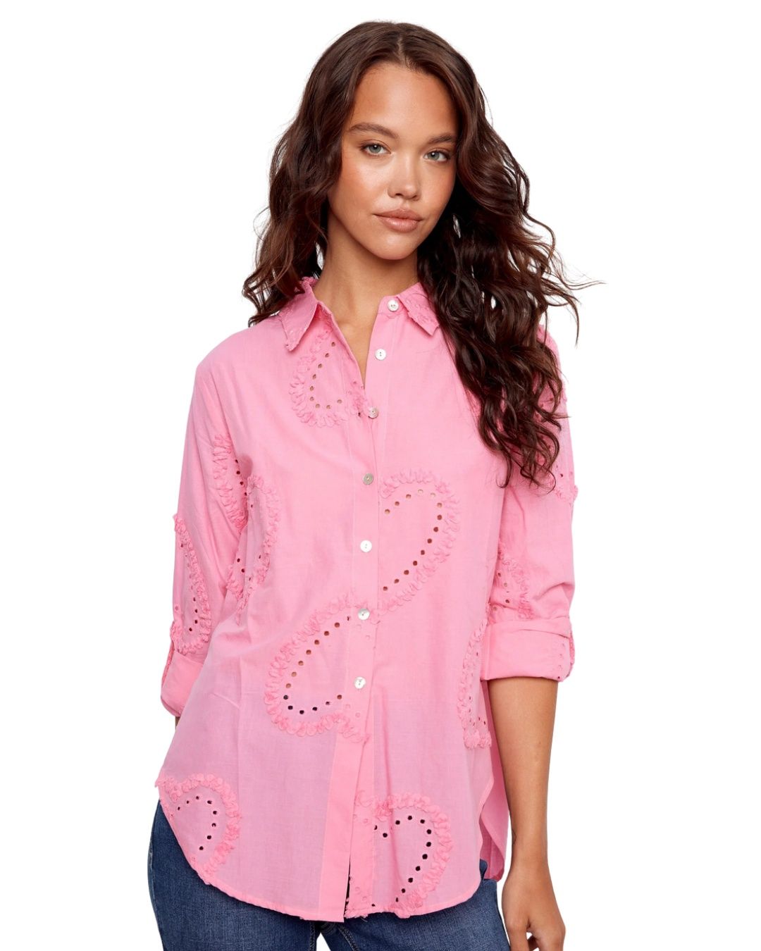 Pink Eyelet Heart Button Front Blouse