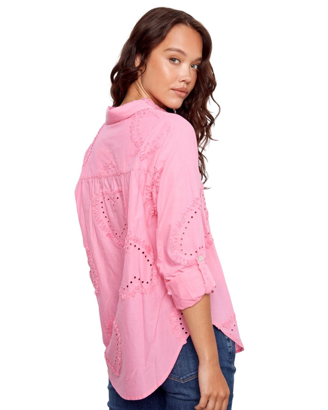 Pink Eyelet Heart Button Front Blouse