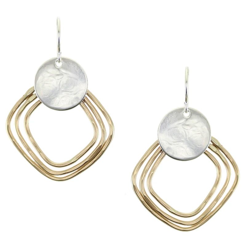 Large Disc with Hammered Square Rings Wire Earrings