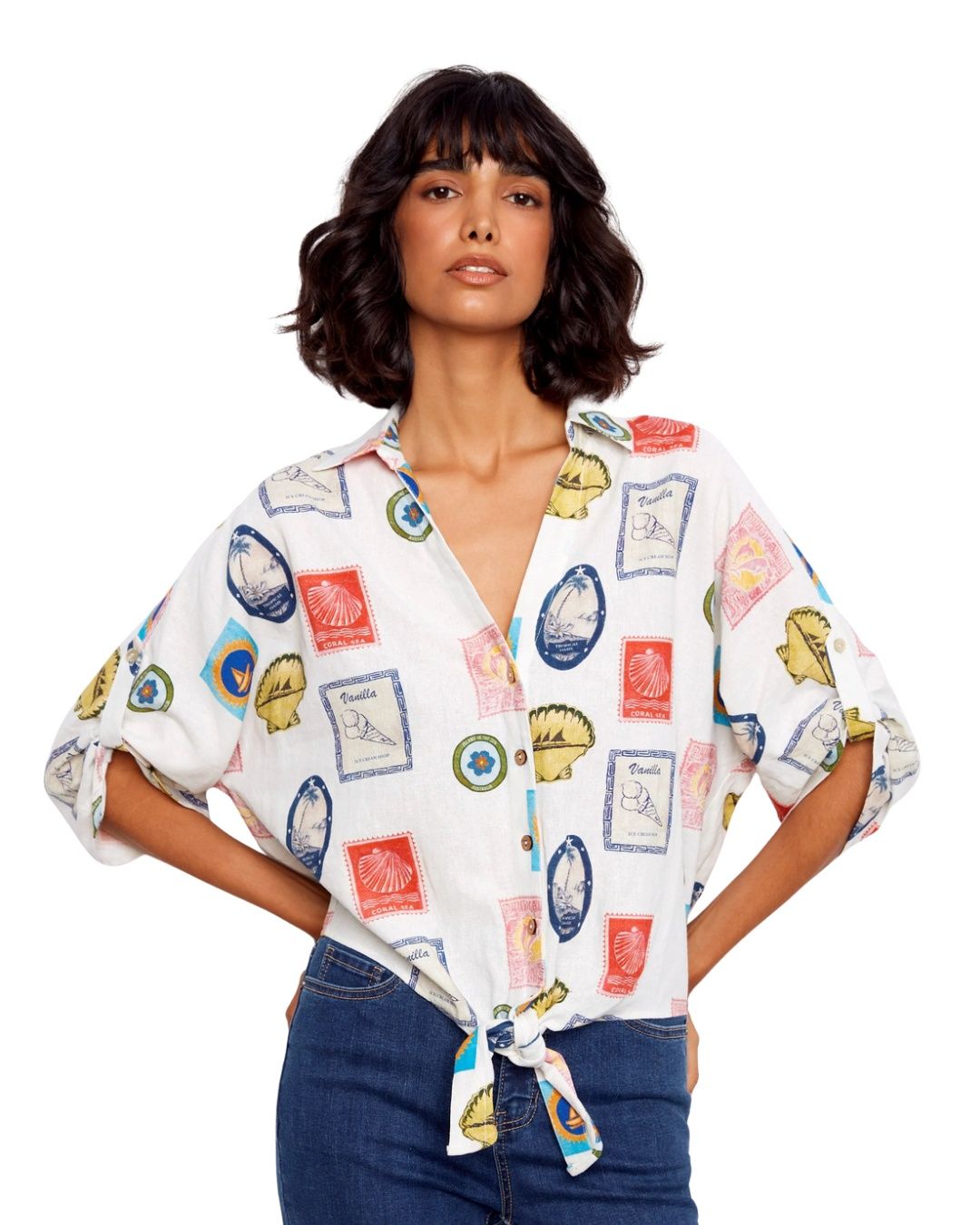 Postcard Front Tie Blouse