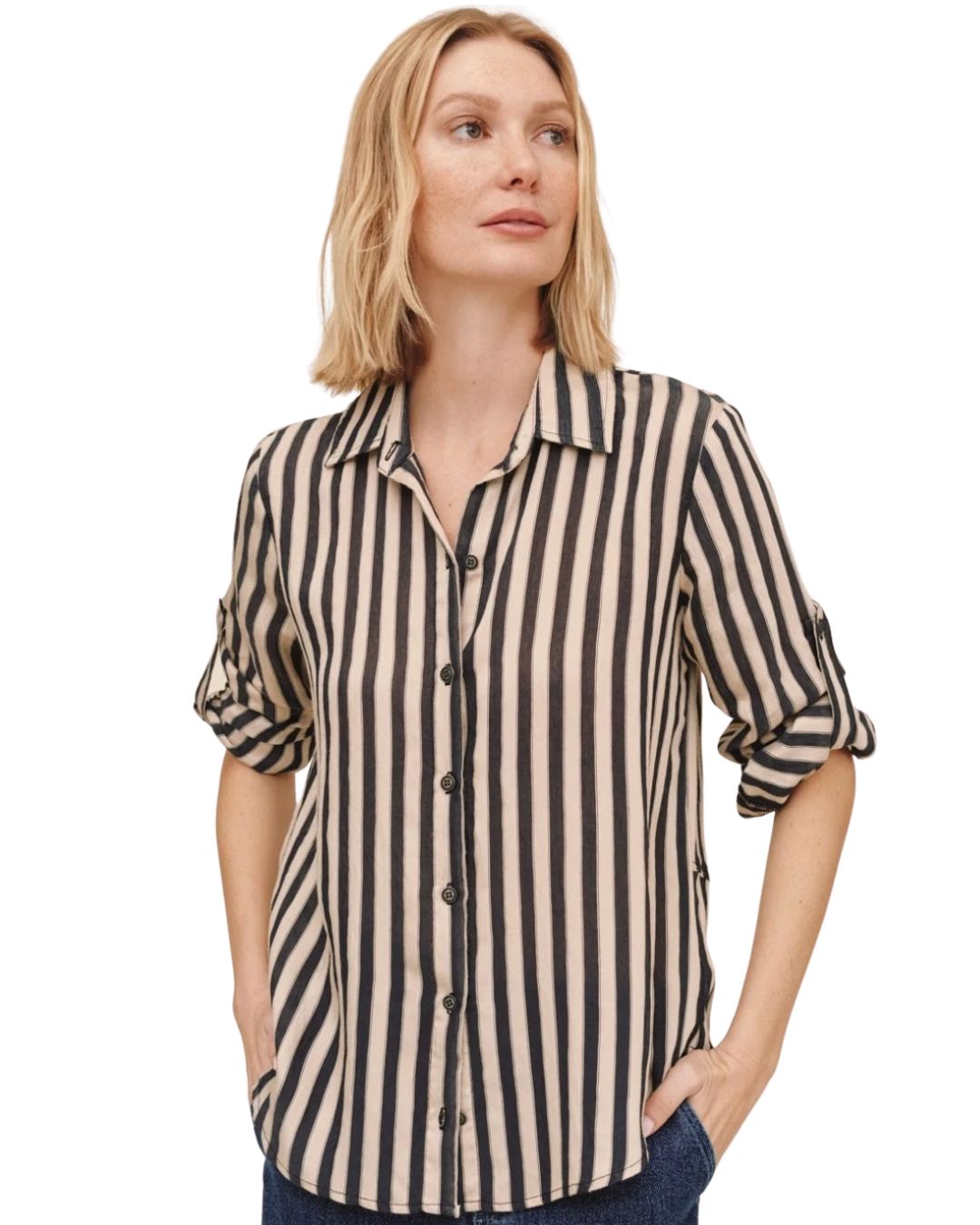 Split Back Button Down - Black-Ecru Stripe