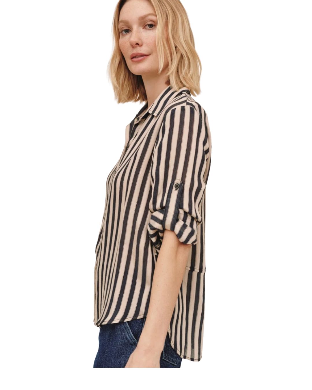 Split Back Button Down - Black-Ecru Stripe