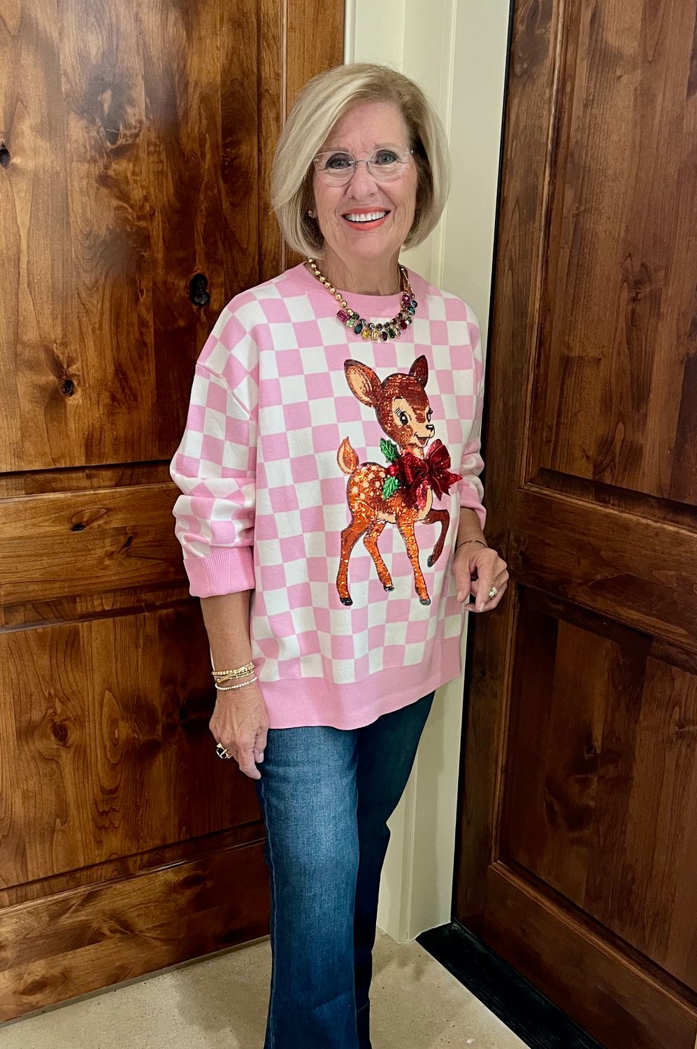 Pink &amp; White Checkered Reindeer Sweater