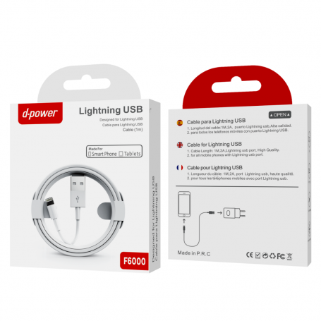 Cable USB / Lightning - D-power F6000 - 1M Blanc