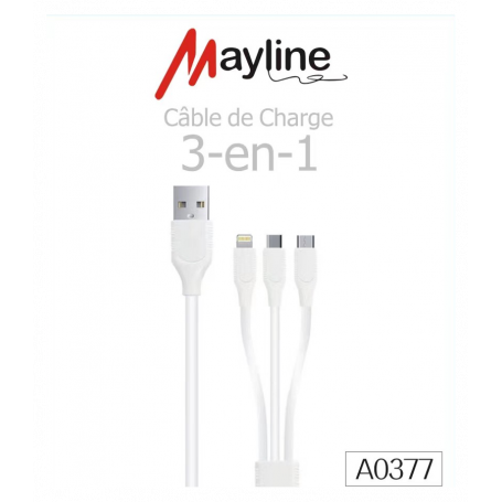 Câble USB / Lightning + Type-C + Micro - 3 en 1 - 1m (Mayline)