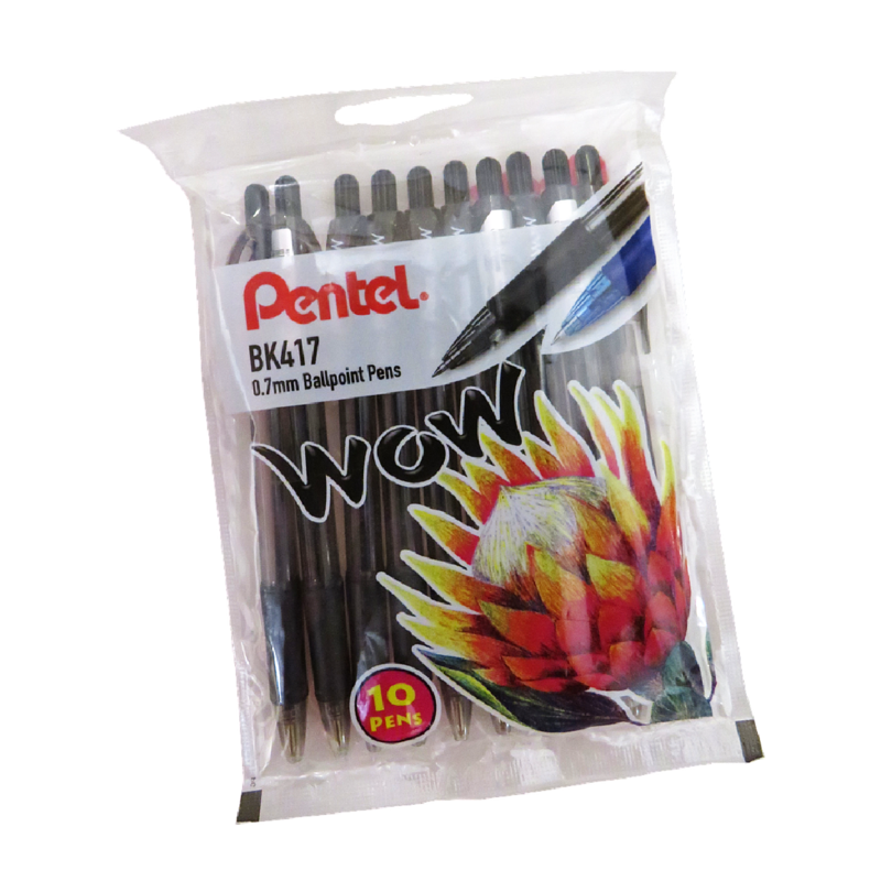 Pentel WOW Retractable B/Point Black Pen 0.7mm Pouch Of 10