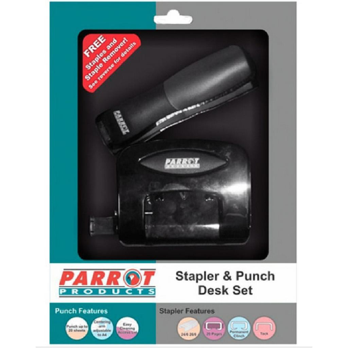 Parrot Products Stapler And Punch Set Plastic Black