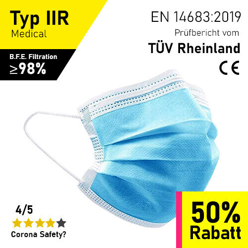 Medizinische Masken Blau - Typ IIR - 50er Packung / inkl. Prüfbericht TÜV-Rheinland