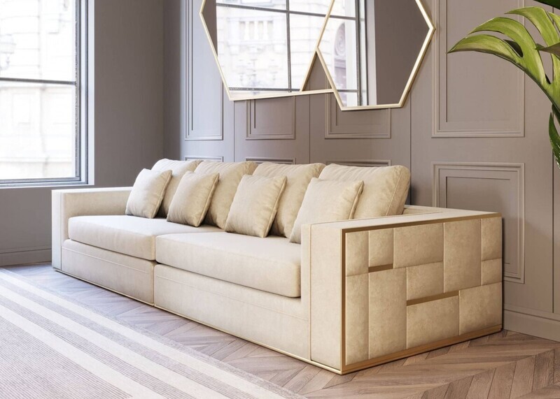 4 Seater Beige and Gold Fabric Sofa