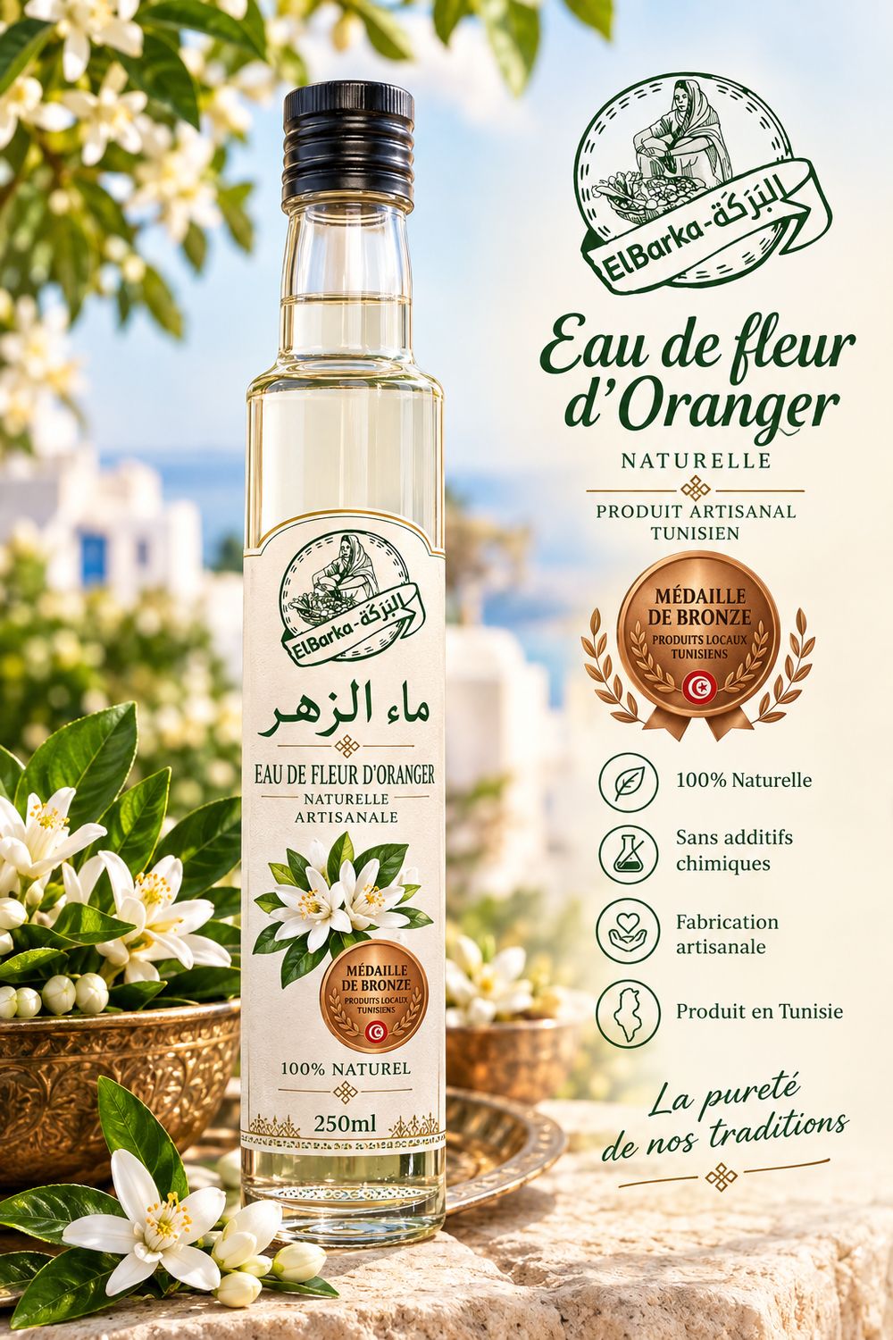 Eau de fleur d'Oranger de Nabeul 250 ml-ماء الزهر الطبيعي