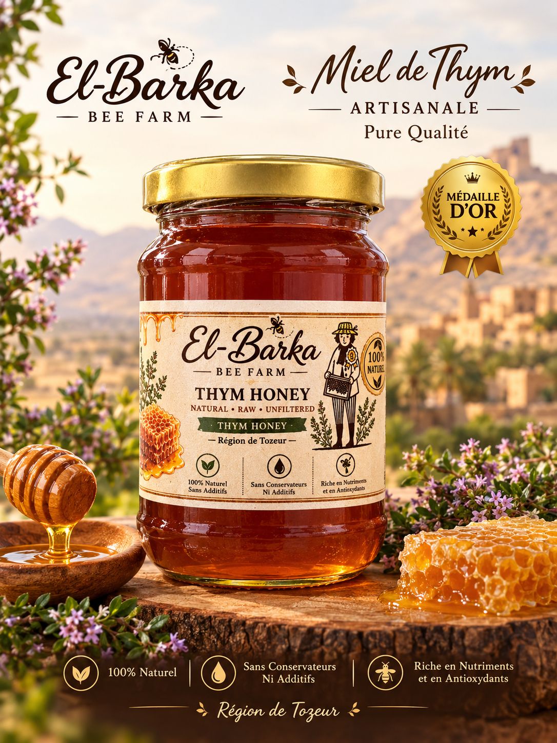 MIEL THYM BIO 100% Naturel ARTISANAL-250g- عسل الزعتر الطبيعي الحر