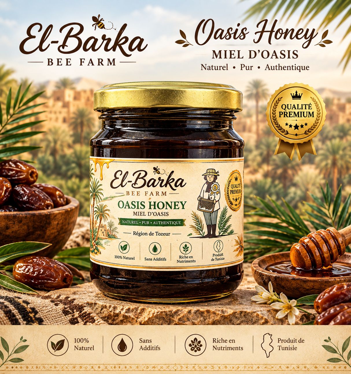 MIEL D'OASIS BIO 100% Naturel, produit médaillé-250g-عسل الواحة الطبيعي الحر