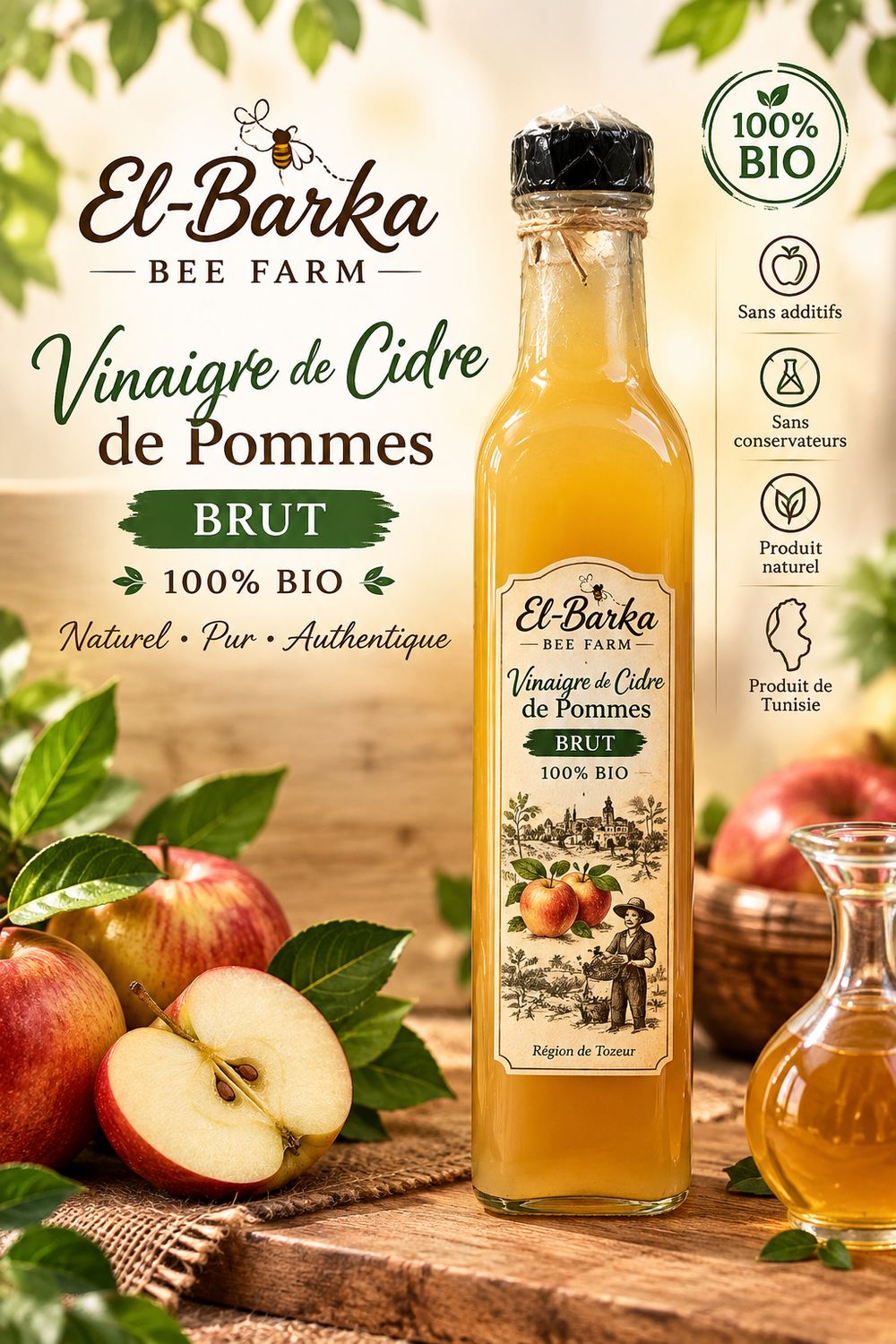 Vinaigre de Cidre de Pommes Brut 100% Bio OrganicPipkin – Pur, non raffiné, non filtré et non pasteurisé-500ml-خل التفاح الطبيعي علي الطريقة التقليدية