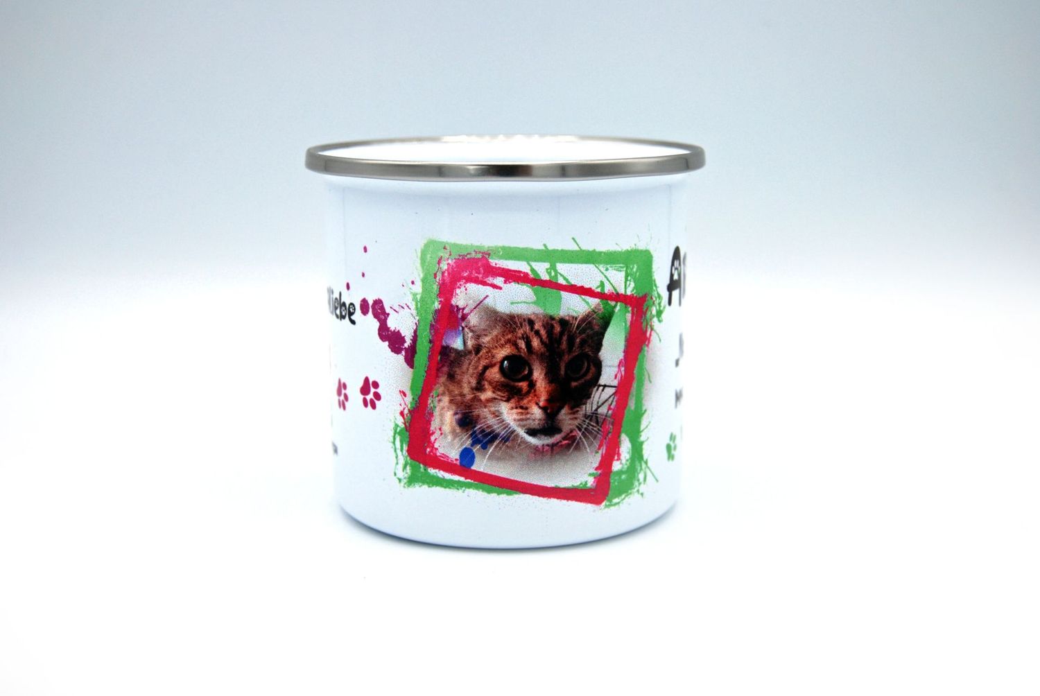 Emaille Tasse mit Foto und Name "Nie vergessen.."