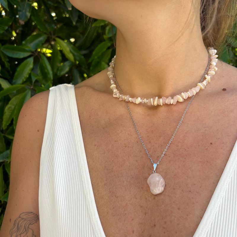 SET Collar Flora + Cadena con Cuarzo Rosa
