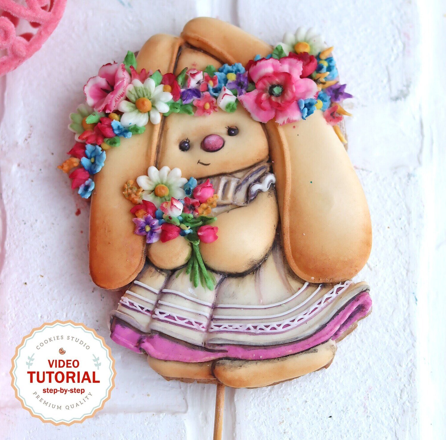 Flower crown bunny - Cookie decorating class. Step-by-step video tutorial