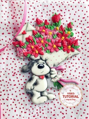 Puppy with roses - cookie decorating class. Step-by-step video tutorial