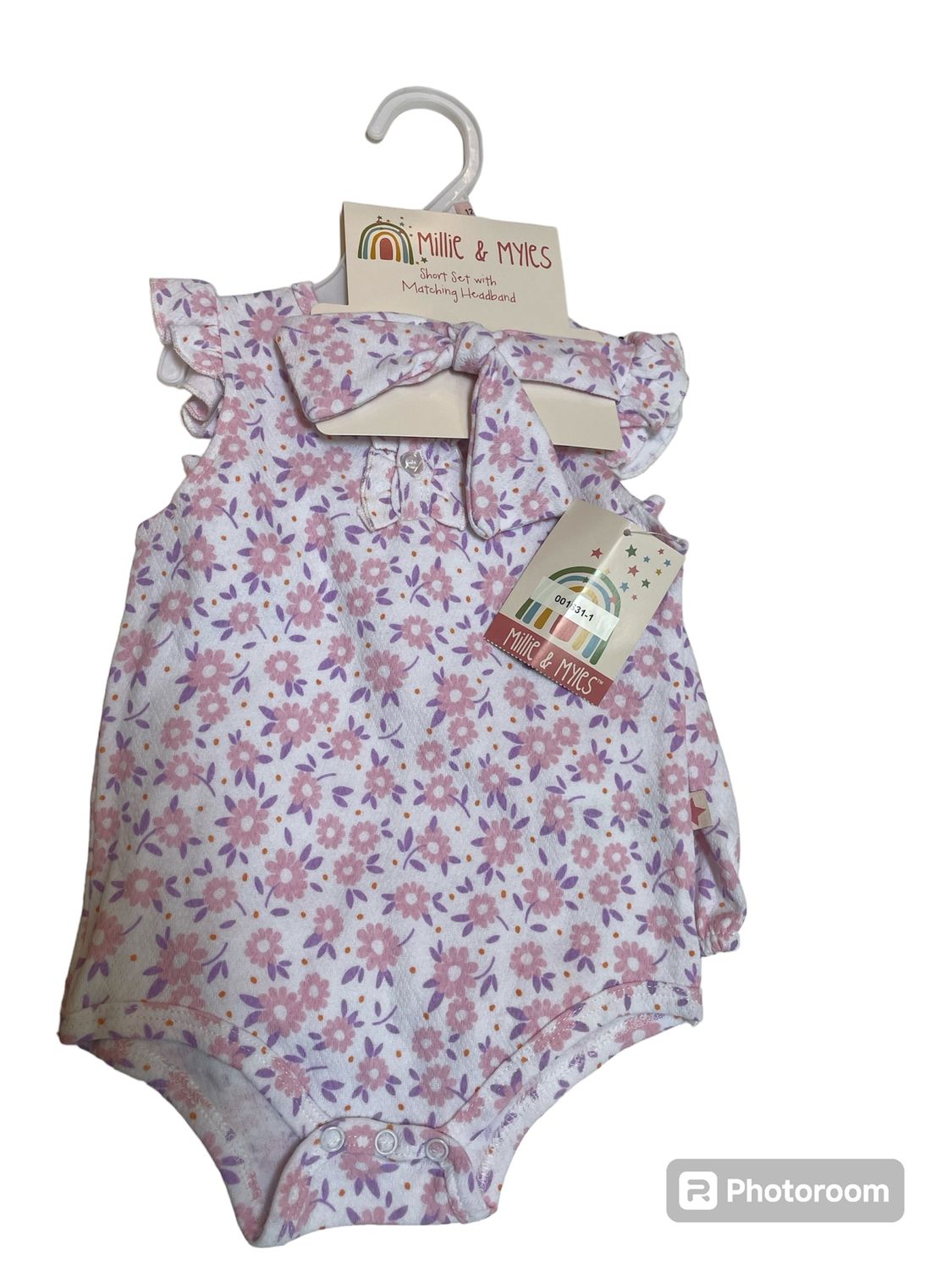 Pink Flowers Onesie, Shorts and Headband Set | 12 months