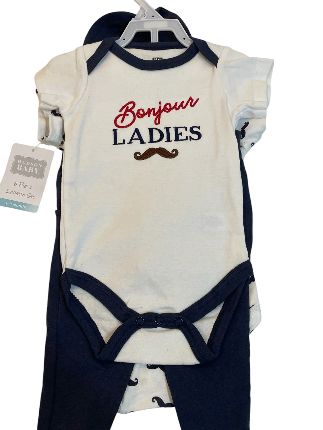 Bonjour Ladies 6 Piece Set - Bib, Hat, Socks, Two Onesies And Pants | 0-3 months