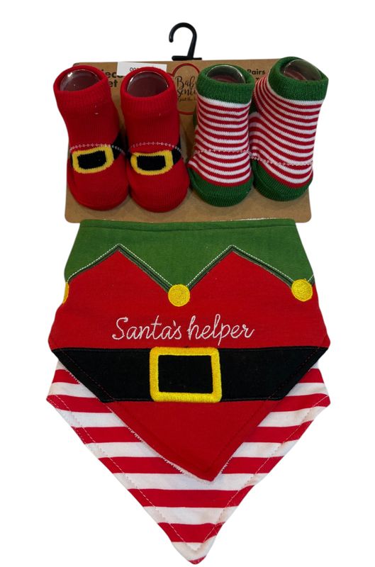 Four Piece Christmas Set - Santa’s Helpers Bibs And Socks