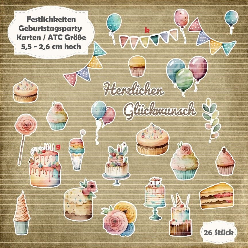 Geburtstagsparty - Karten / ATC Größe - 26 Stanzteile - Die Cut