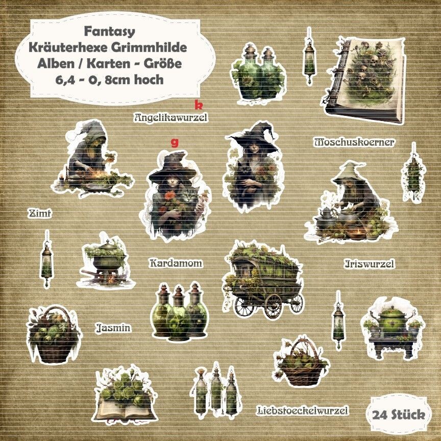 Kräuterhexe Grimmhilde - Alben / Karten - Größe - 24 Stanzteile - Die Cut