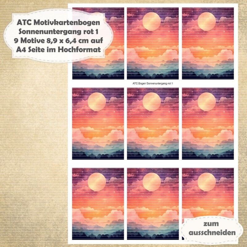 Sonnenuntergang rot 1 - ATC Motivbogen - A4 Hochformat - 1 Seite mit 9 Motiven*