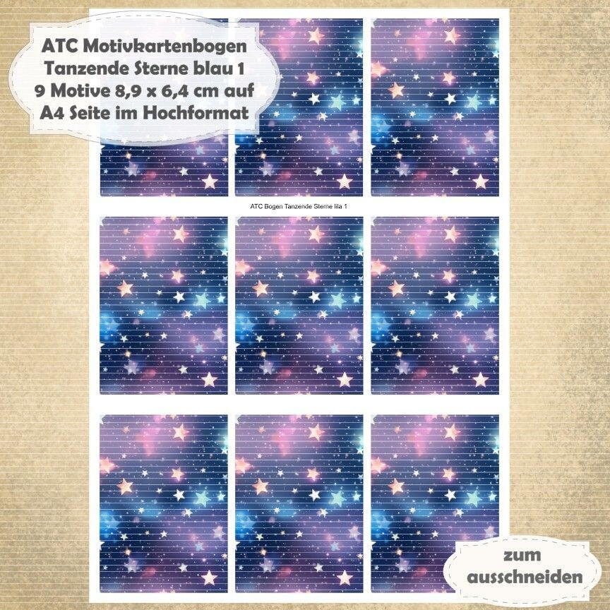 Tanzende Sterne blau 1 - ATC Motivbogen - A4 Hochformat - 1 Seite mit 9 Motiven