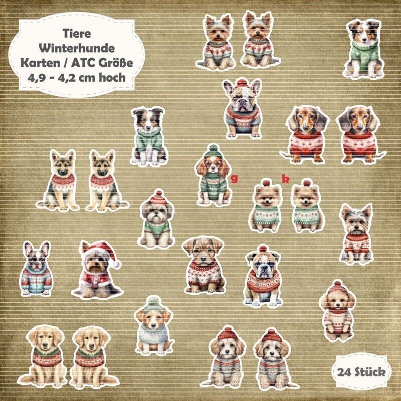 Winterhunde Mix   - Karten / ATC Größe - 24 Stanzteile - Die Cut