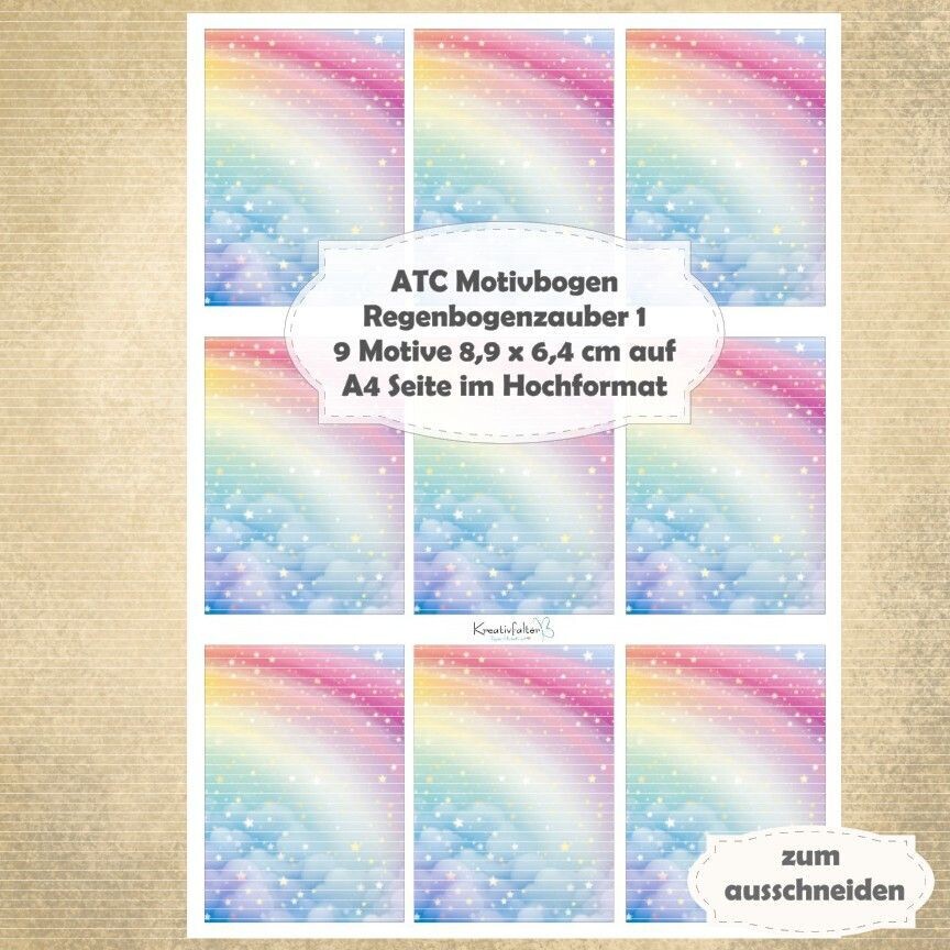 Regenbogenzauber 1 - ATC Motivbogen - A4 Hochformat - 1 Seite mit 9 Motiven