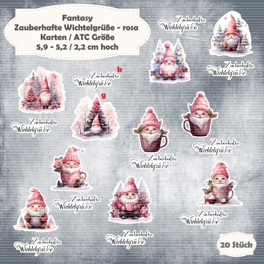 Zauberhafte Wichtelgrüße - rosa - Karten / ATC Größe -  20 Stanzteile - Die Cut