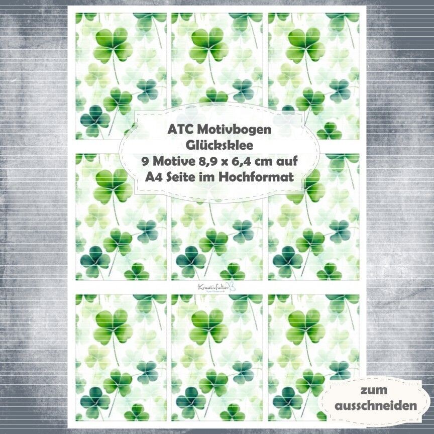 Glücksklee - ATC Motivbogen - A4 Hochformat - 1 Seite mit 9 Motiven