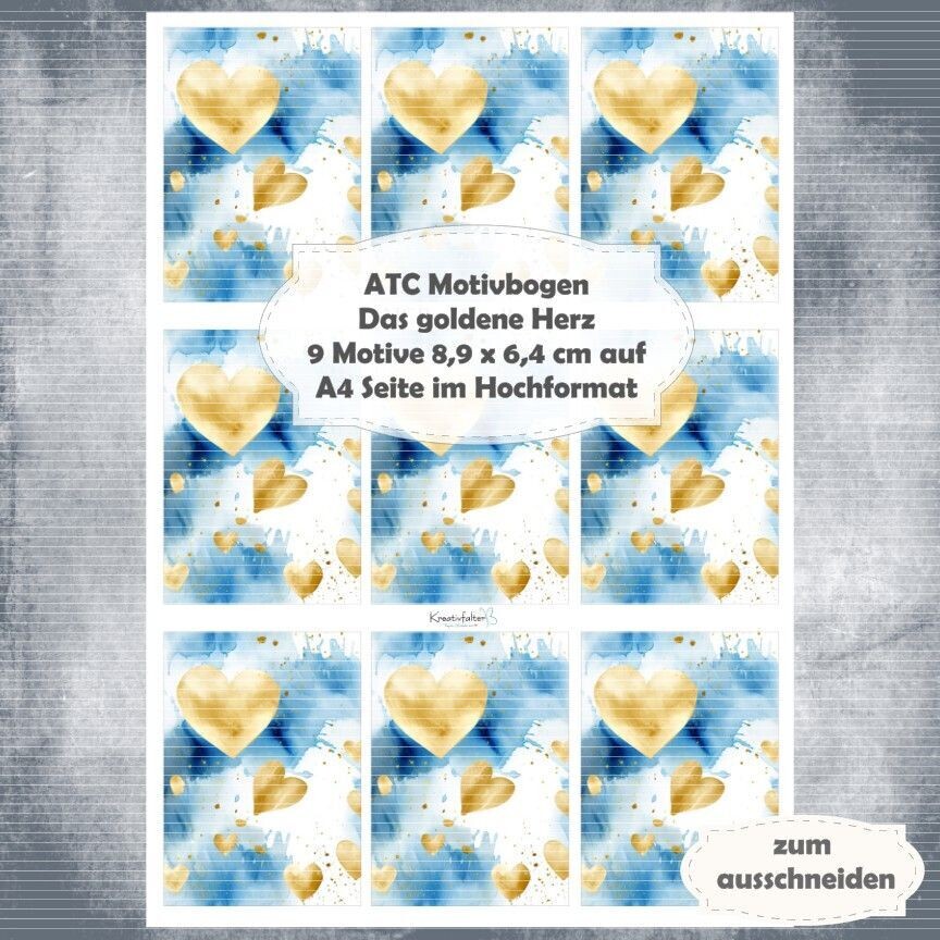 Das goldene Herz - ATC Motivbogen - A4 Hochformat - 1 Seite mit 9 Motiven
